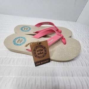 Sanuk Womens Ashland Street X Stone Brewing Sz 7 Tan/Khaki & Pink Flip Flops NWT